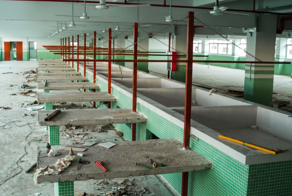 Resin hall under construction — troughs and workstations taking form.